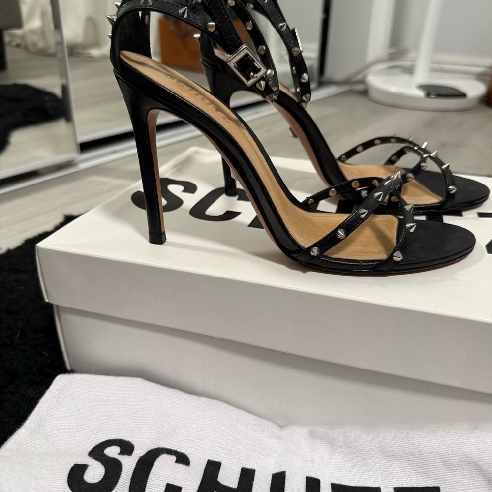 Schutz Wevellyn Black Studded Strappy Heels